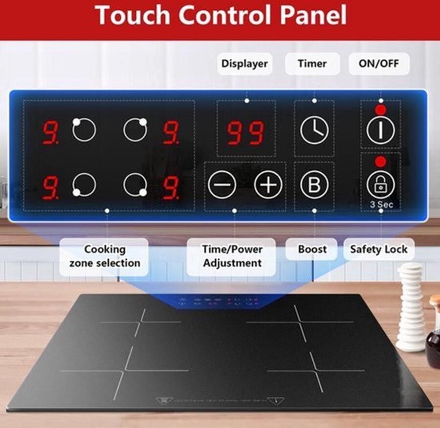 Inbouw Inductiekookplaat 4 Zones 6000 W Vermogen 60 cm Breed Keramisch Glas Elektrisch Bedraad Touchbediening