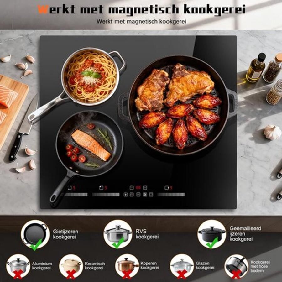 Inbouw Inductiekookplaat 60 cm 6500 W Vermogen 3 Kookzones Keramisch Glas Elektrisch Koken