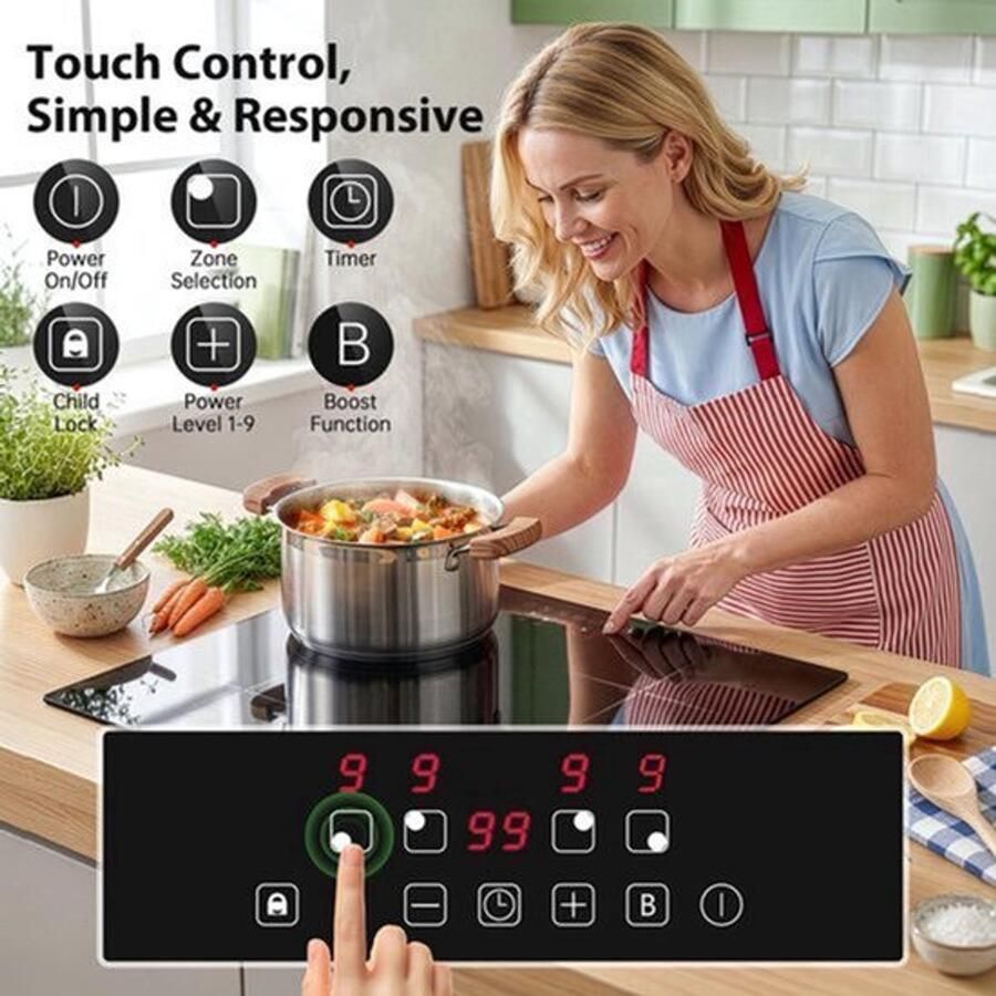 Inbouw Inductiekookplaat 60 cm 7000 W Vermogen 4 Kookzones Glas Keramiek Zwart Elektrisch Koken