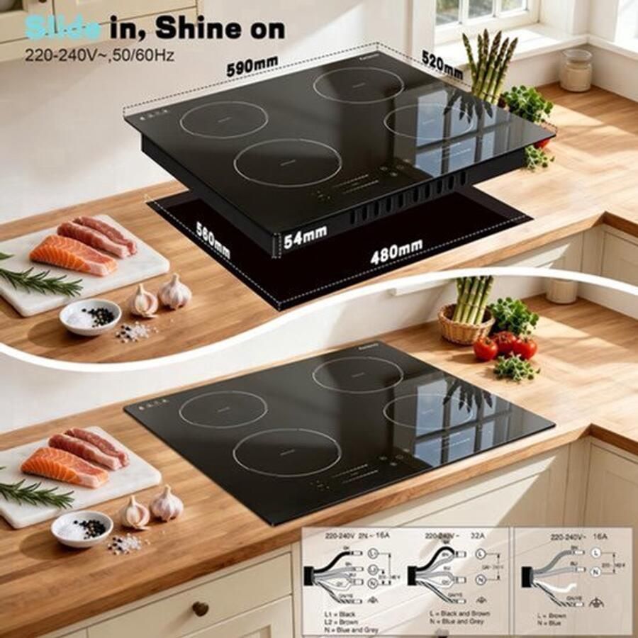 Inbouw Inductiekookplaat 7200 W Vermogen 60 cm Breed Keramiek Zwart 4 Kookzones