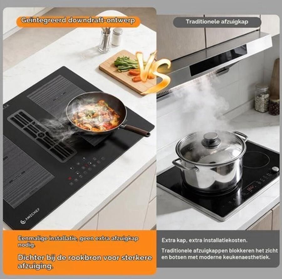 Inbouw Inductiekookplaat Met Afzuiging 7200 W Vermogen 4 Kookzones Flex Bridge Gehard Glas Zwart Voor Moderne Keukens