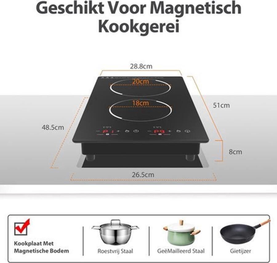 Inductie Kookplaat Dubbele Zone 3000 Watt Vermogen 51 cm Breedte Glas Zwart Elektrische