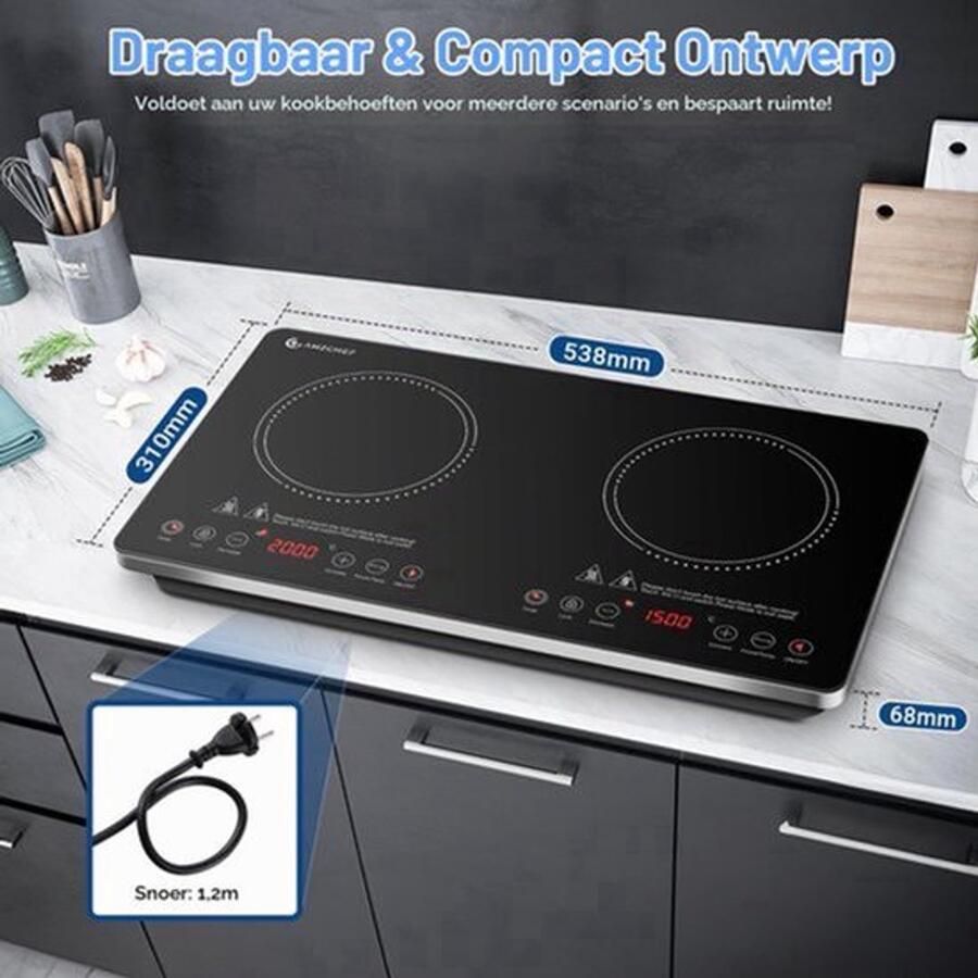 Inductiekookplaat 2 Platen 3500 W Vermogen Glas Zwart Elektrisch Bedraad Knopbediening Vrijstaande Kookplaat