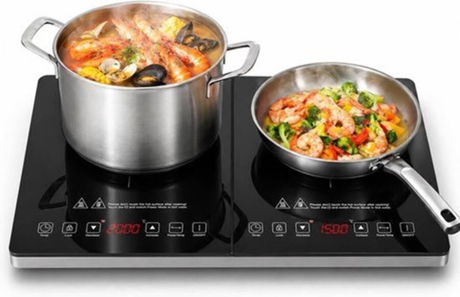 Inductiekookplaat 2 Platen 3500 W Vermogen Roestvrij Staal En Zwart Glas Vrijstaand Elektrisch Timer En Veiligheidsslot
