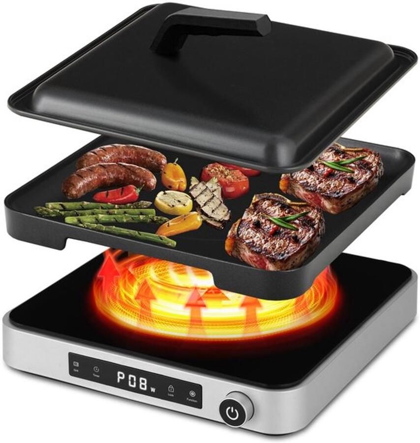 Inductiekookplaat met grillplaat en afdekhoes 2000 W enkele plaat inductiekookplaat + elektrische grill 10 + 5 standen touch-bediening en draaiknop voor camping keuken outdoor