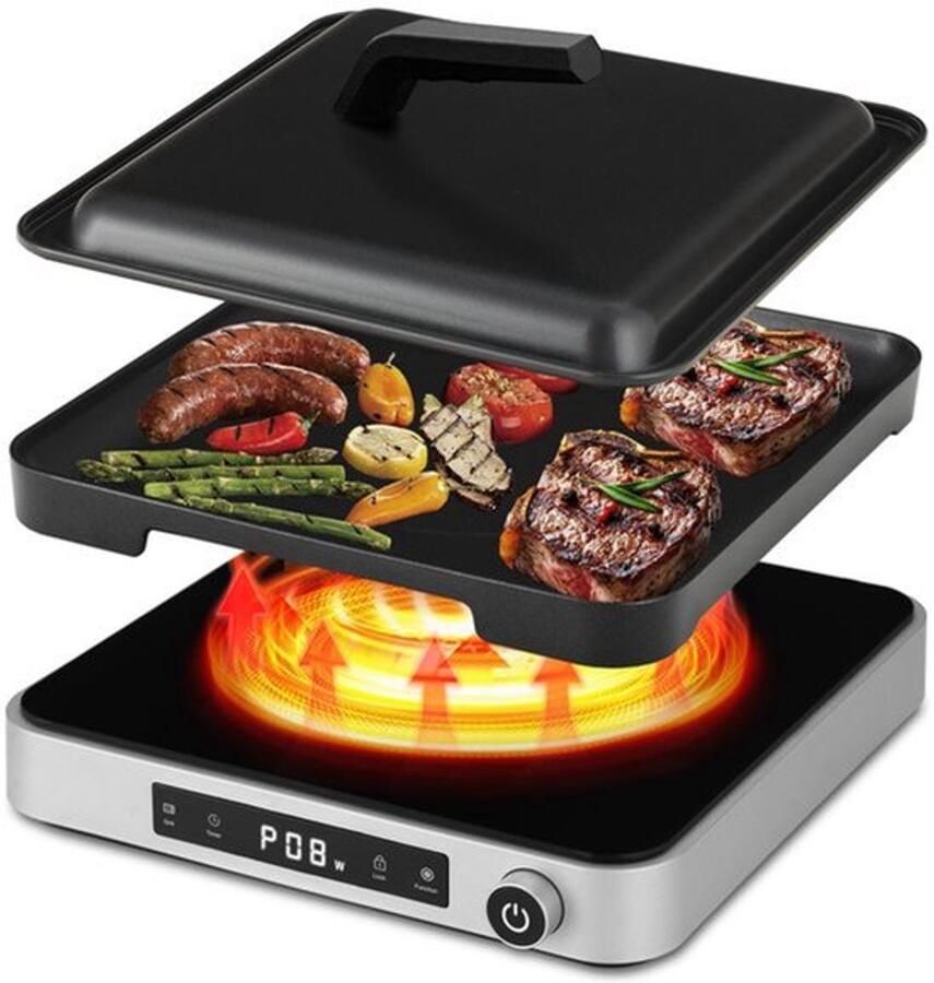 Inductiekookplaat met grillplaat en afdekhoes 2000 W enkele plaat inductiekookplaat + elektrische grill 10 + 5 standen touch-bediening en draaiknop voor camping keuken outdoor