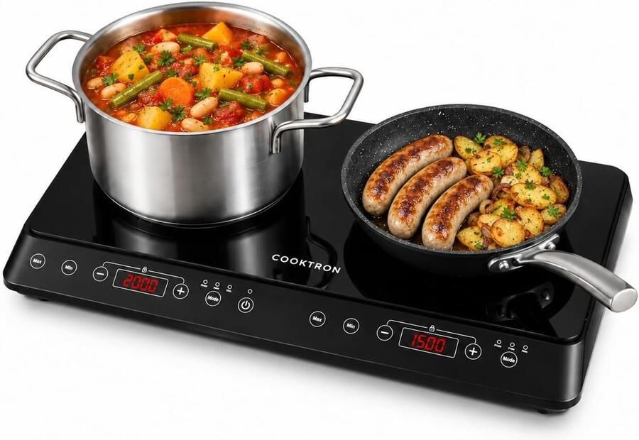 Inductiekookplaat Zwart 33.5 x 55 x 6.5 cm Mobiele Dubbele Inductiekookplaat met Timer Voor Keuken en Camping