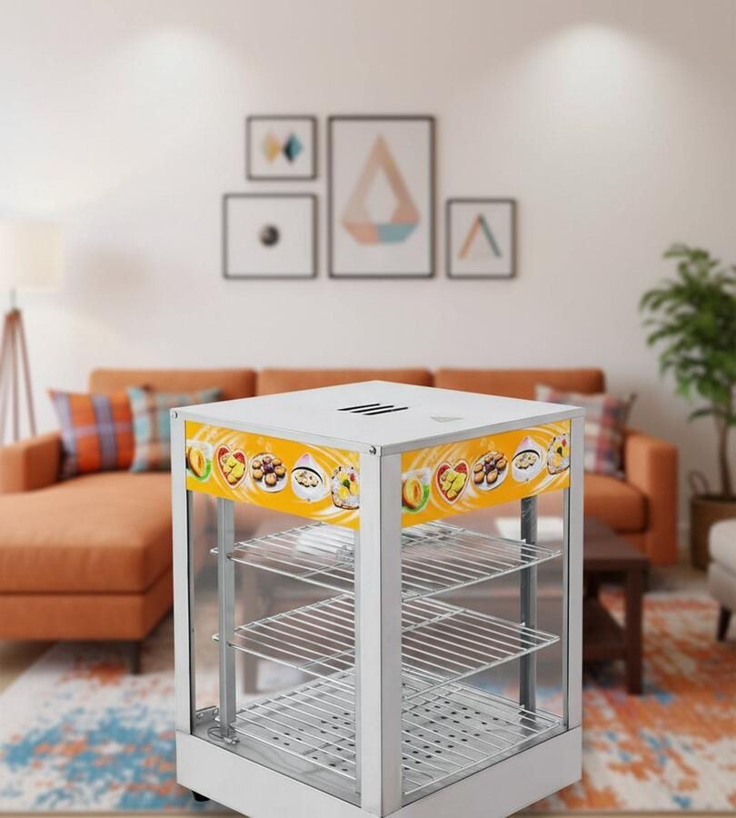 Industrial-Home Professional 3-laags warmhoudvitrine – Elektrische voedselverwarmer van roestvrij staal met instelbare temperatuur warmhoudkast met ledverlichting – 800W 30-85°C – Perfect voor horeca fastfood en catering