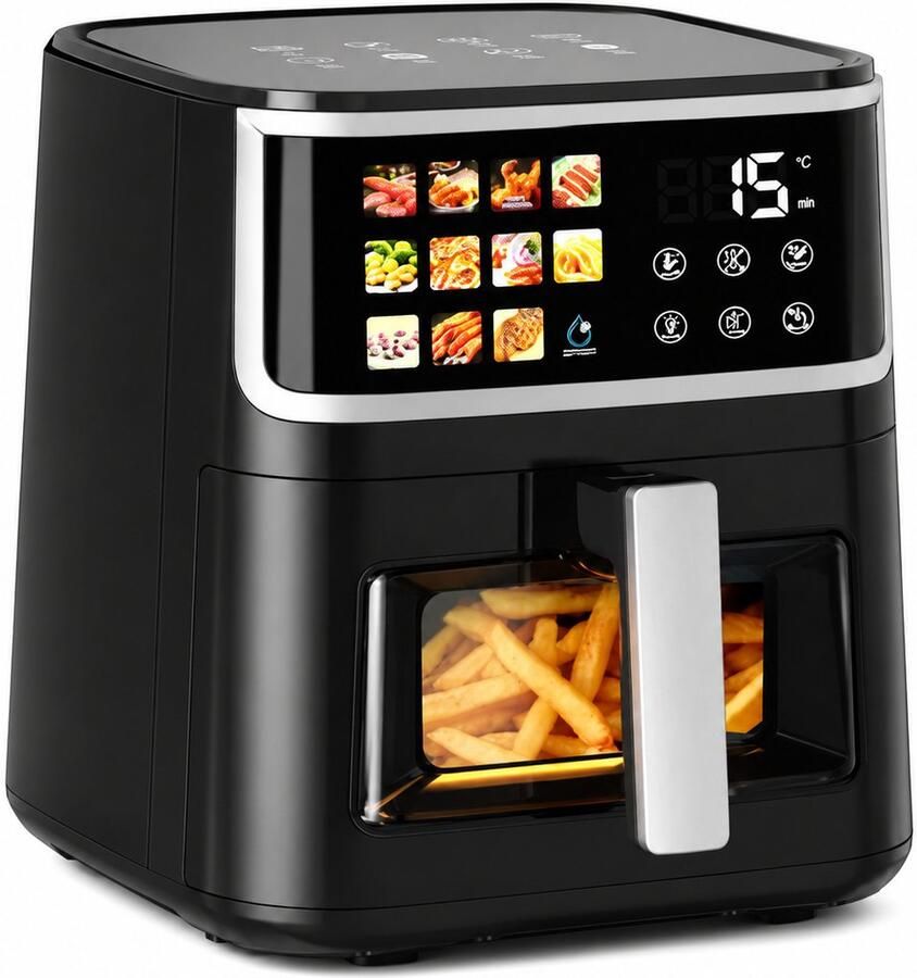 Innovastore Airfryer Heteluchtfriteuse Luchtfriteuse Koken Digitaal scherm Led-touchscreen Kijkvenster 8L Zwart