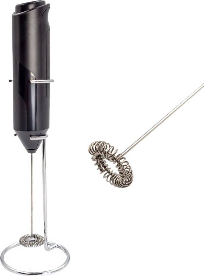 Intirilife Elektrische melkopschuimer in Zwart met houder Batterij-aangedreven handopschuimer melkschuim maker voor koffie latte macchiato cappuccino warme chocolademelk