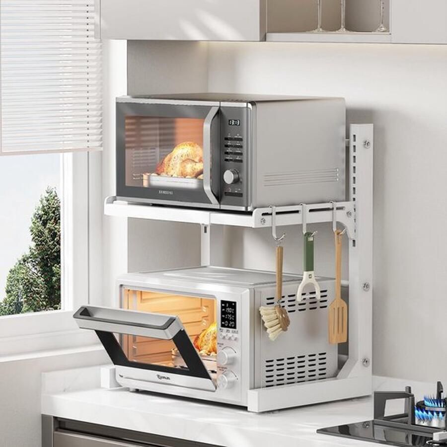 Intrekbare Verstelbare 2-As Keuken Bak Magnetron Ovenrek 1-Laag Uitbreidbaar en in Hoogte Verstelbaar Carbon Steel Plank Teller met 3 Cliphaken Elektrische Kookplaat Houder