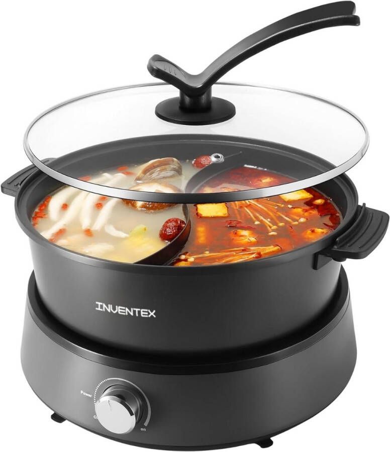 Inventex Elektrische Hotpot – 2 vakken – Chinees Fondue – 4.6 Liter – Automatische Temperatuur Anti-baklaag – Zwart PFAS vrij