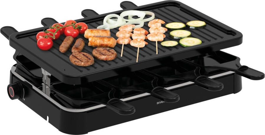 Inventum GR803B Gourmetset Raclette 8 persoons Grillplaat 8 pannetjes PFAS vrij Regelbare thermostaat 1200 watt Zwart