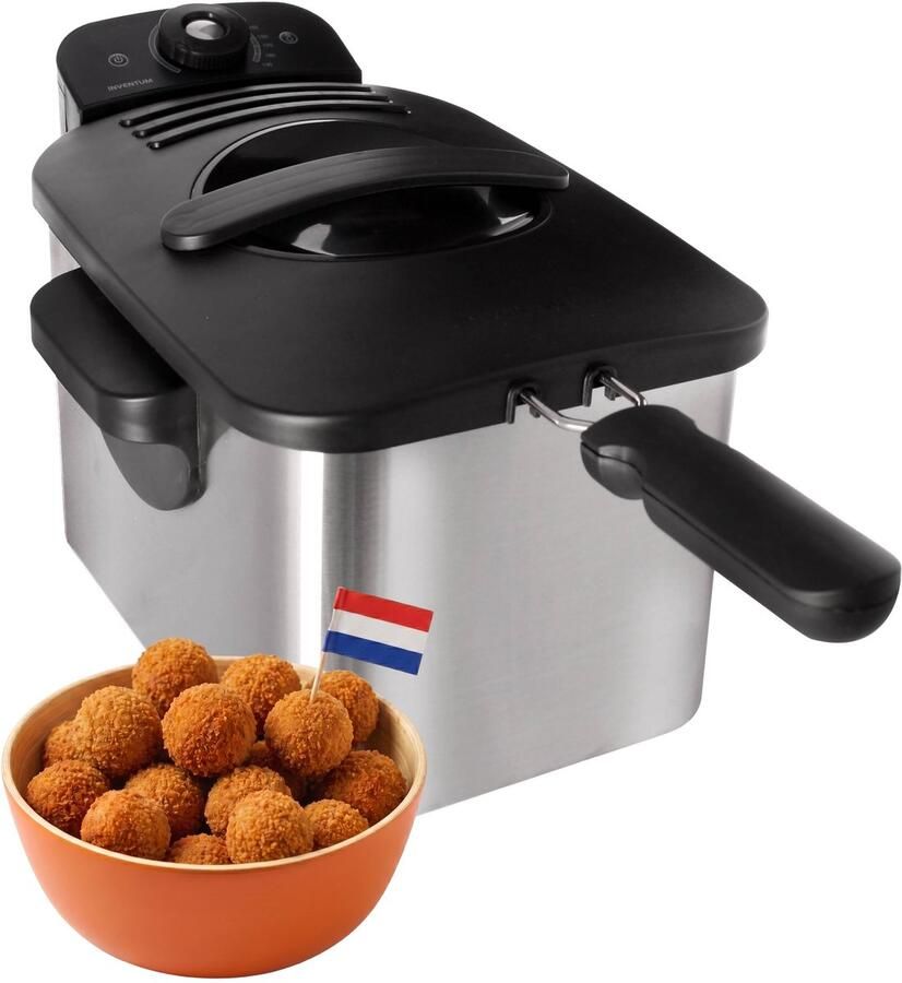 Inventum GF431S Frituurpan 3 liter Tot 190 graden 2200 watt Koude zone Friteuse Oliebollen pan RVS Zwart
