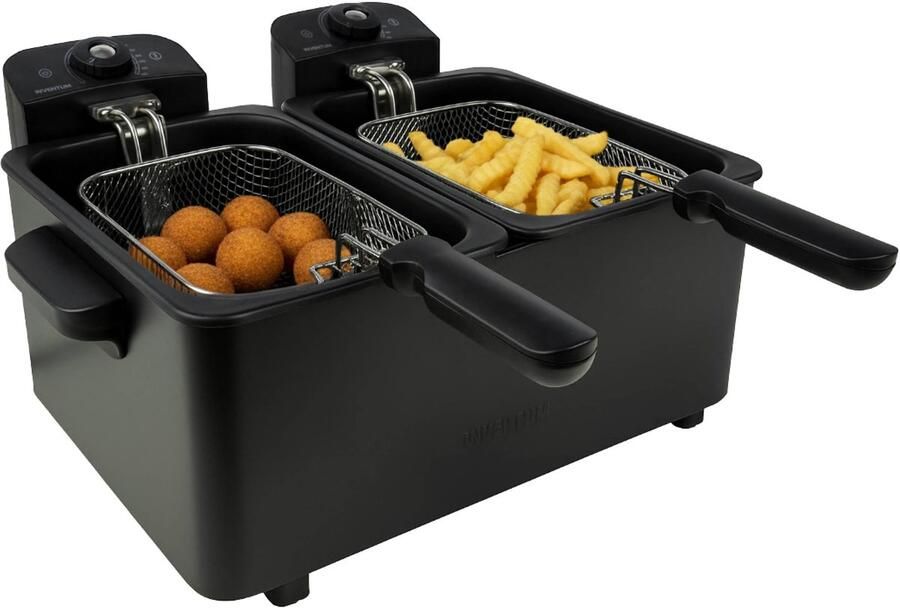 Inventum GF461B Dubbele frituurpan 2 x 2 5 liter Tot 190 graden 2 x 1800 watt Koude zone Friteuse Oliebollen pan Zwart