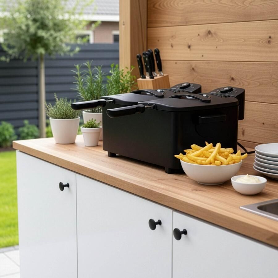 Inventum GF461B Dubbele frituurpan 2 x 2 5 liter Tot 190 graden 2 x 1800 watt Koude zone Friteuse Oliebollen pan Zwart
