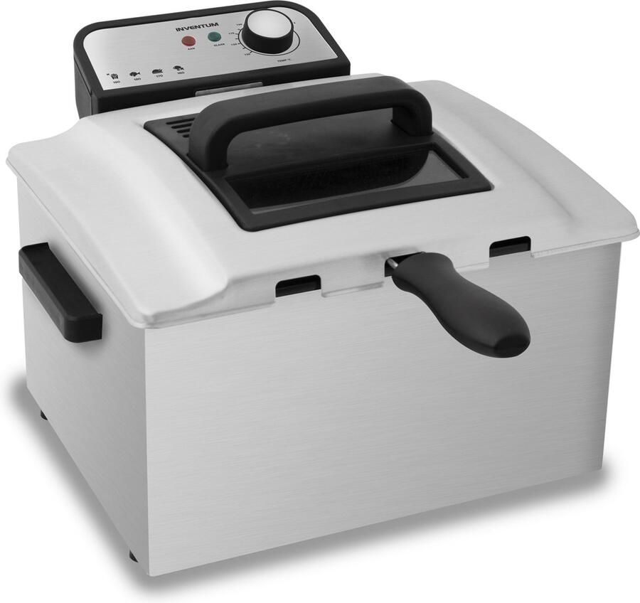 Inventum GF750S Frituurpan 5 liter Tot 190 graden 3000 watt Koude zone 1 grote 2 kleine manden Anti reukfilter PFAS vrij Kijkvenster Friteuse RVS Zwart