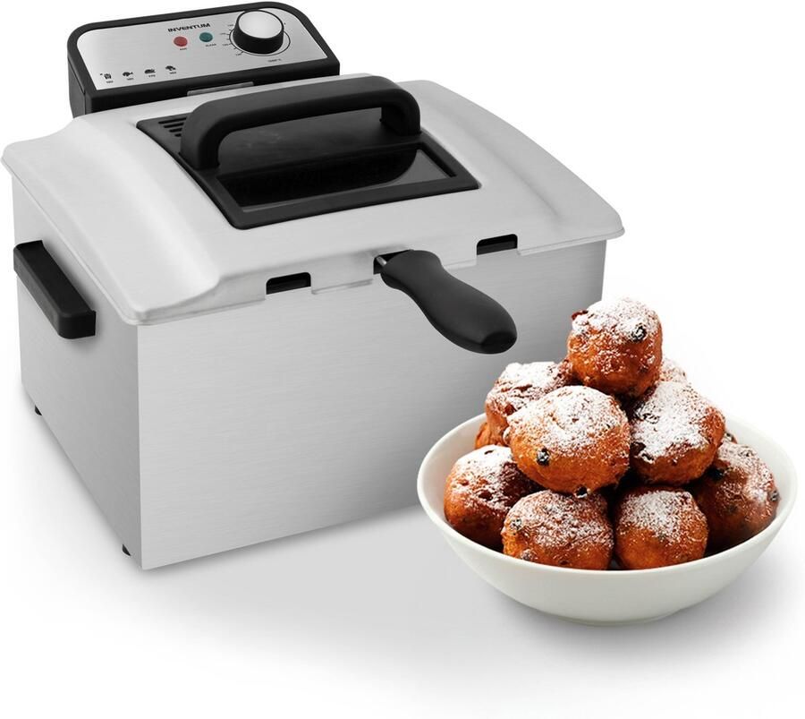 Inventum GF750S Frituurpan 5 liter Tot 190 graden 3000 watt Koude zone 1 grote 2 kleine manden Anti reukfilter PFAS vrij Kijkvenster Friteuse Oliebollen pan RVS Zwart