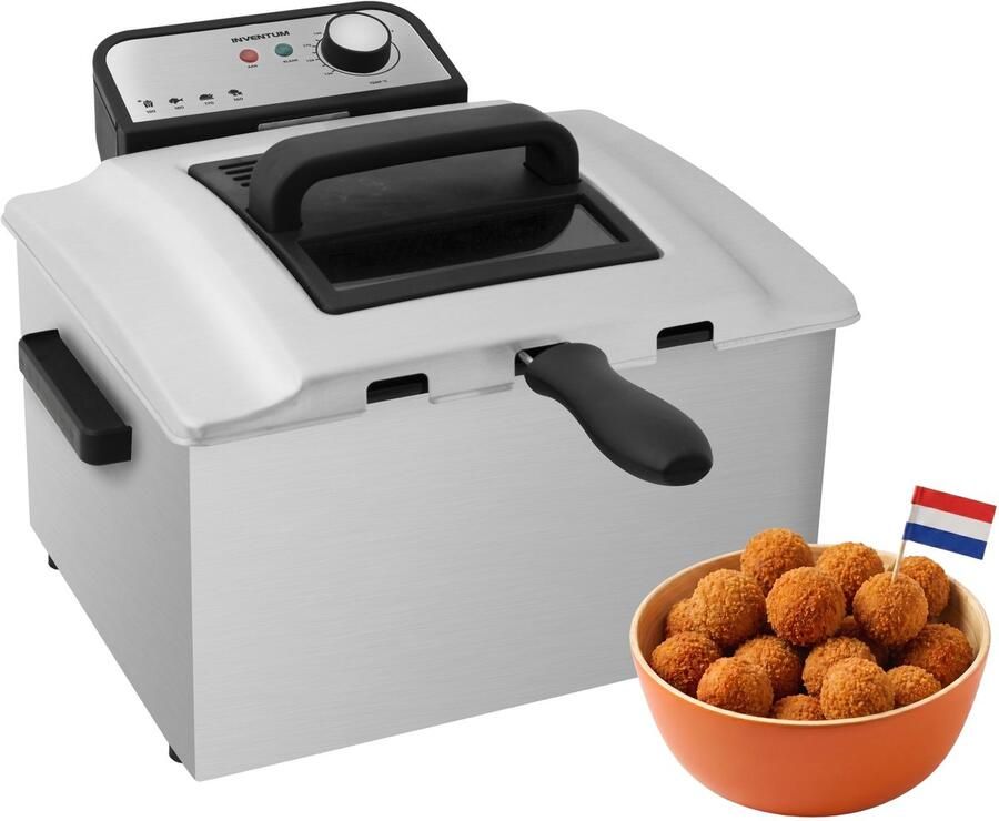 Inventum GF750S Frituurpan 5 liter Tot 190 graden 3000 watt Koude zone 1 grote 2 kleine manden Anti reukfilter PFAS vrij Kijkvenster Friteuse Oliebollen pan RVS Zwart