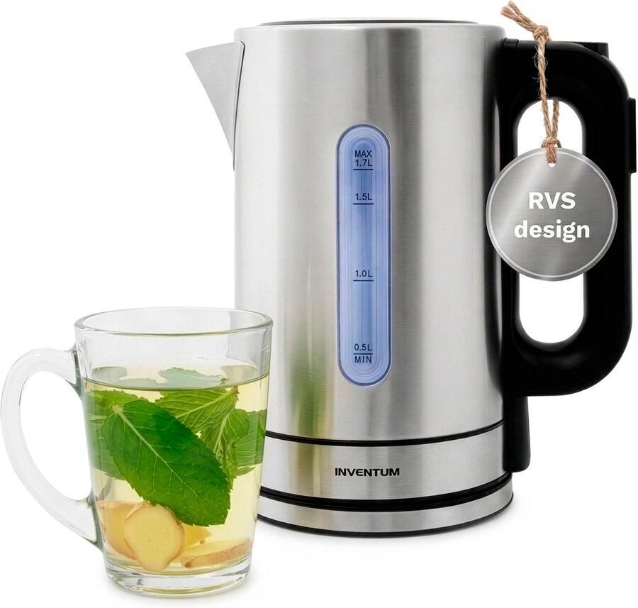 Inventum HW817D Waterkoker Inhoud 1 7 liter Roestvrijstaal Warmhoudfunctie Led-verlichting 2200 watt RVS Zwart