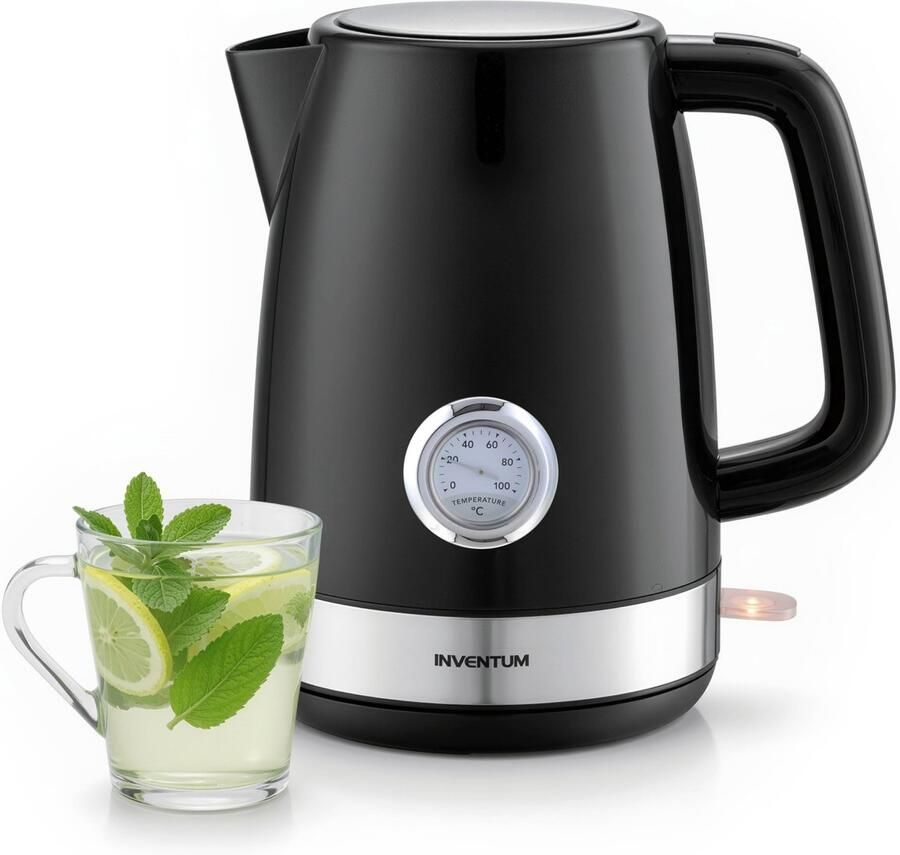 Inventum HW917B Retro waterkoker Inhoud 1 7 liter Temperatuurindicator Kunststof 2200 watt Zwart RVS