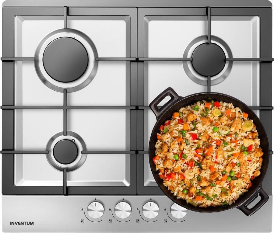 Inventum IKG6023GRVS inbouw gaskookplaat 59 cm 4-pits Gietijzeren pandragers Geïntegreerde vonkontsteking Geschikt voor Nederlands gas Na ombouw ook geschikt voor Belgisch gas en propaan butaan RVS Zwart