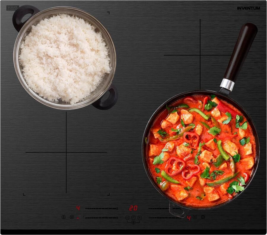 Inventum IKI6035MAT matte inbouw inductiekookplaat 60 cm 1- of 2-fase 4 kookzones Bridgefunctie Boost Timer Kinderslot Facetrand voorzijde Elektrische kookplaat 4 pits Mat Zwart - Foto 2