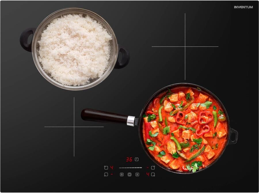 Inventum IKI7028 inbouw inductiekookplaat 70 cm 1- of 2-fase 4 kookzones Boost Timer Kinderslot Randloos Elektrische kookplaat 4 pits Zwart