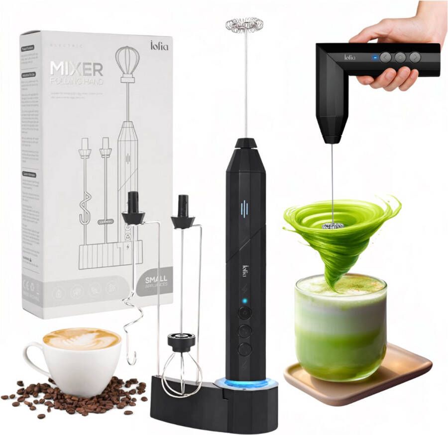 Iofia -Electrische Melkopschuimer 3 RVS Gardes Matcha klopper- Romig resultaat in 15s Handmatig- 90° Opvouwbaar Design -Inclusief Laad & Opberghouder- Zwart- 3 Snelheidsstanden- Krachtige motor