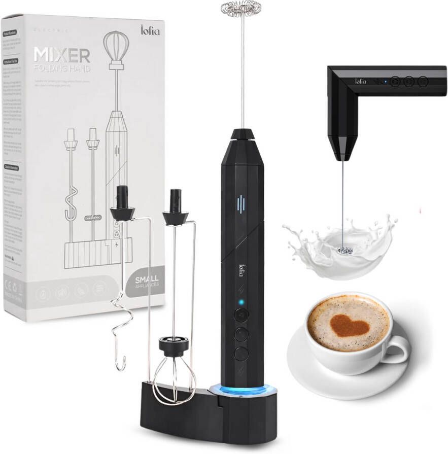 Iofia -Electrische Melkopschuimer 3 RVS Gardes Matcha klopper- Romig resultaat in 15s Handmatig- 90° Opvouwbaar Design -Inclusief Laad & Opberghouder- Zwart- 3 Snelheidsstanden- Krachtige motor - Foto 2