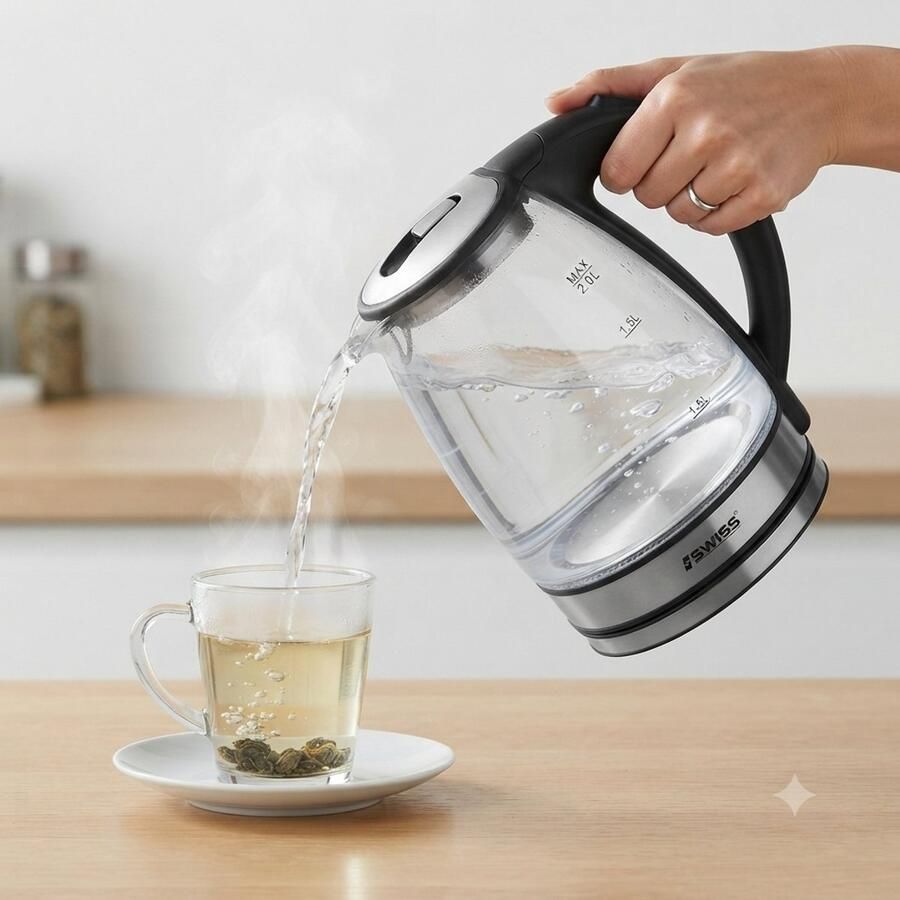 ISwiss -SK1029- Waterkoker Zwart Glazen Waterkoker met LED-verlichting 360° basis & tot 2.0 Liter capaciteit automatische kookstop & droogkookbeveiliging Camping Waterkoker