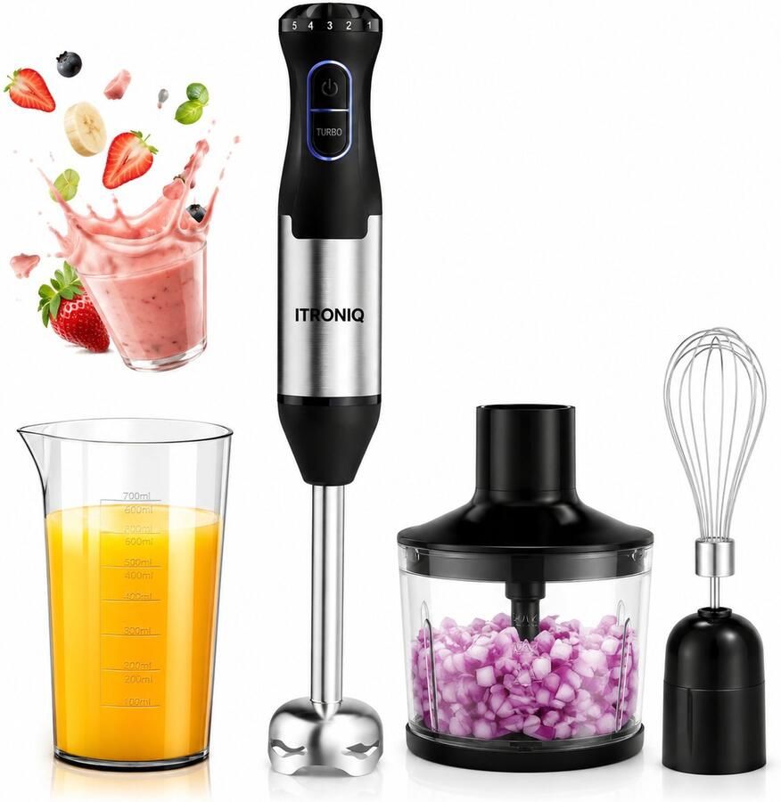 ITRONIQ Staafmixer 4-in-1 1000W Multifunctioneel Handmixer Met Hakmolen Garde en Maatbeker 5 Snelheden RVS Zwart Zilver