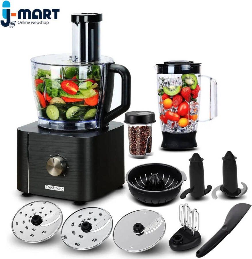 J-mart 6 in 1 Keukenmachine Blender Bonen Slijper Citruspers Incl. Deeghaak Deegmes 3 Snij- en Raspschijven Grijs
