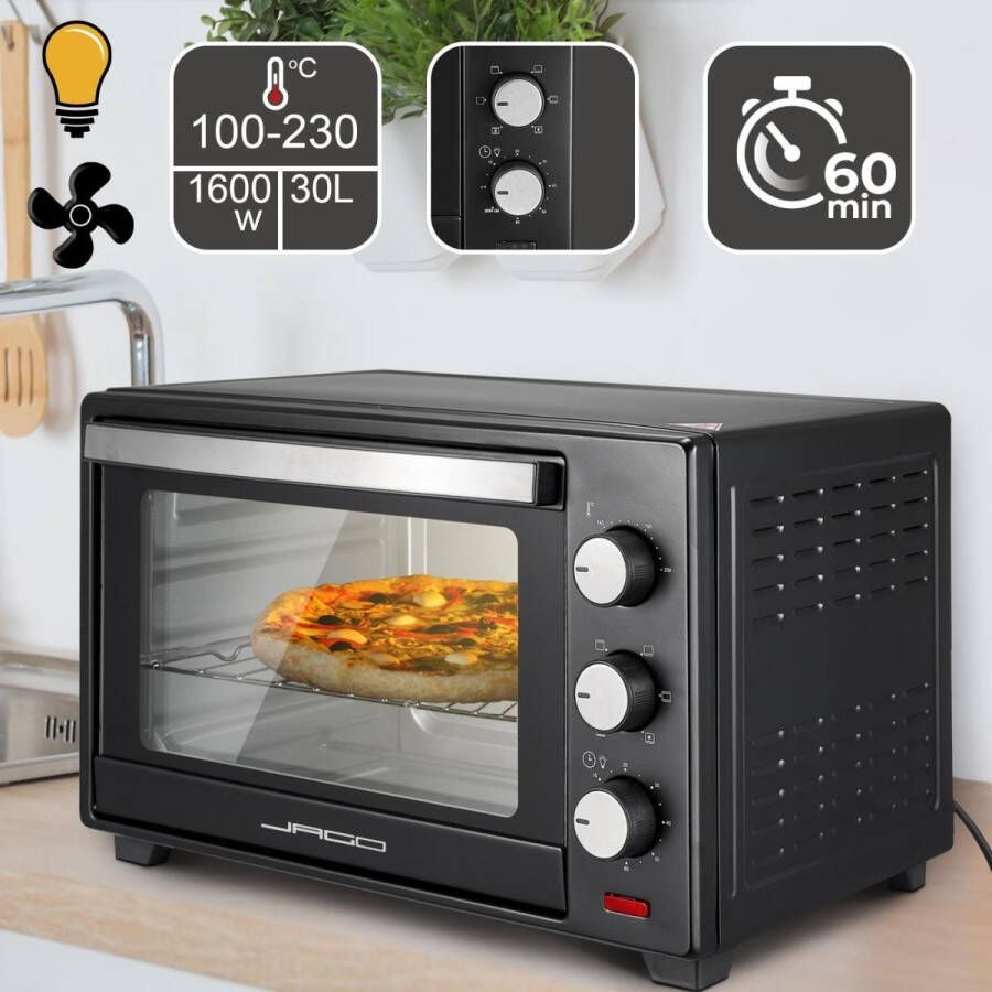 Jago GoodVibes Mini Oven van 30 Liter met Luchtrecirculatie en ingebouwde Timer Binnenverlichting Elektrisch Deuren van Dubbelglas 100-230 ° 1600W 5 Soorten Verwarming 3 Sleuven Hoogtes Mini Oven Pizza Oven Zwart - Foto 1