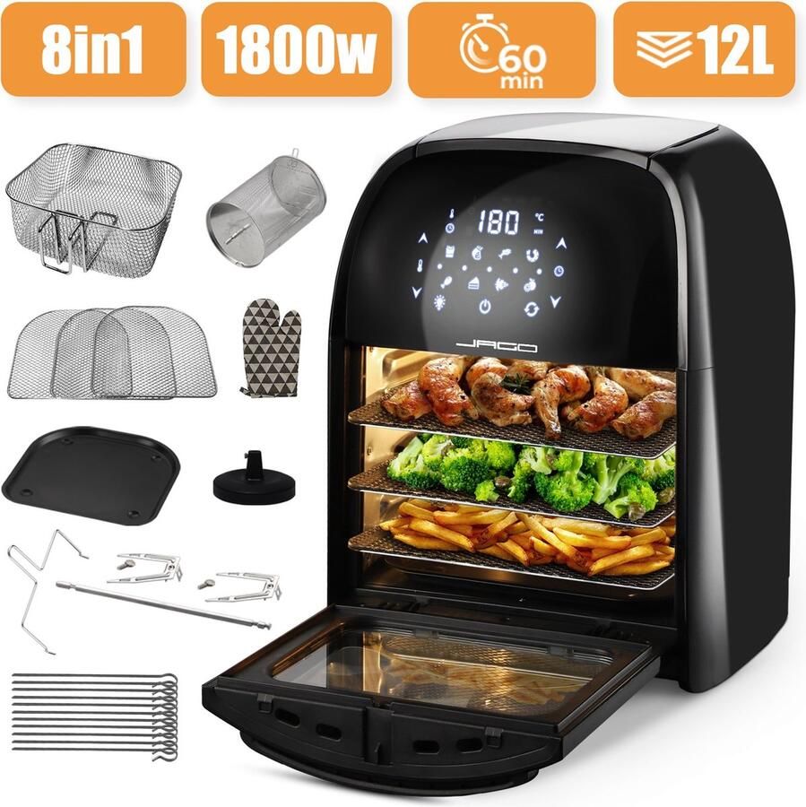 Jago Hetelucht Friteuse Groot Airfryer XXL 12 Liter Zwart