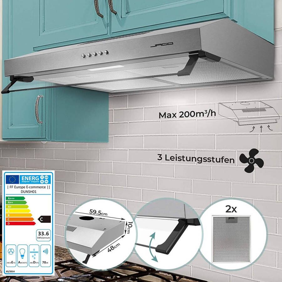 Jago Trend24 Afzuigkap Afzuigkappen 60 cm Afzuigkap 60 cm Afzuigkap onderbouw Afzuigkappen RVS 2 Filters 59 5 x 10 x 48 - Foto 1