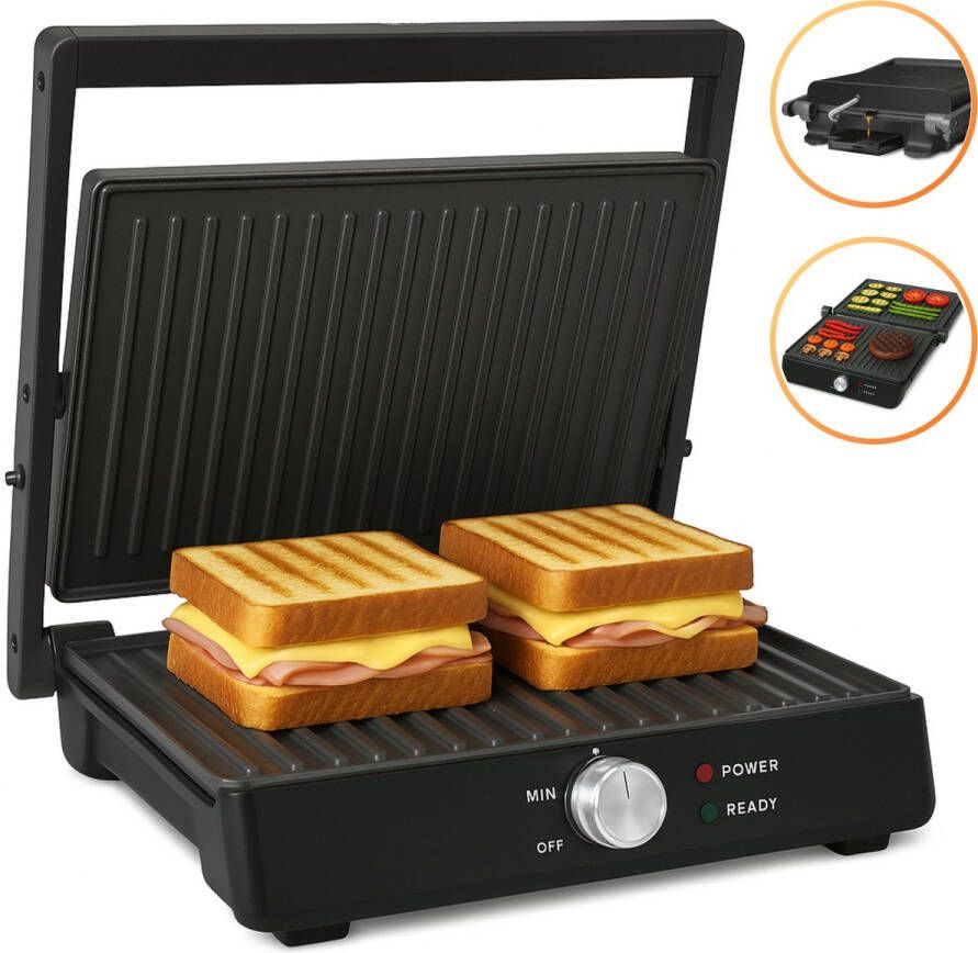 JAP Appliances Caligrill Tosti apparaat (2000W) met temperatuur aanduiding 180°C Uitklapbaar Contactgrill Inclusief vetbakje