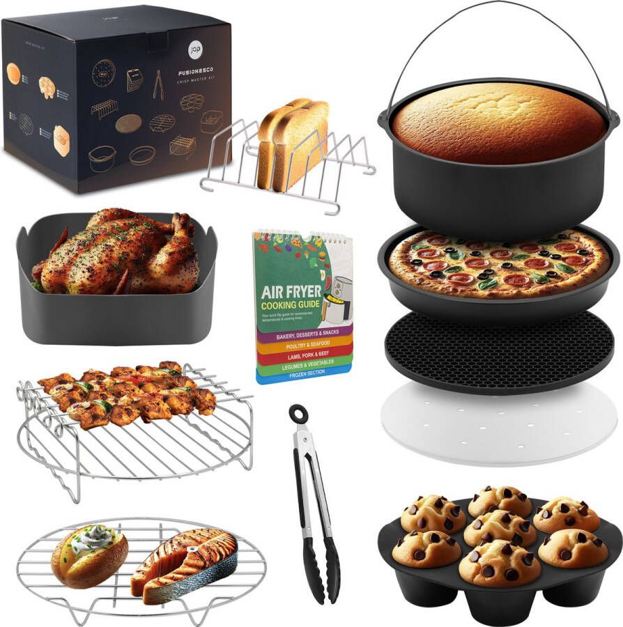 JAP Appliances Crisp Master Kit XXL Airfryer accessoires set Siliconen bakvormen (rechthoek) Cakevorm bakje Cupcake vormpjes Bakpapier Onderzetter etc. Inclusief Quick manual