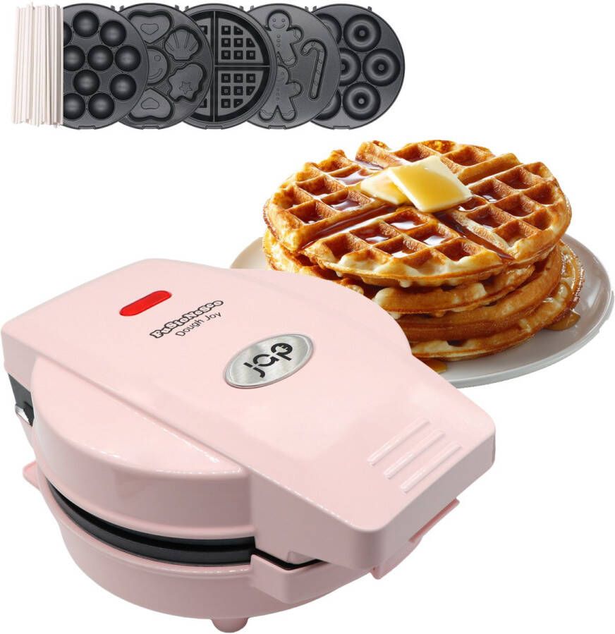 JAP Appliances Dough Joy Wafelijzer 1 Wafelmaker 7 Donut 12 Cake Pop maker Anti aanbaklaag indicatielampje Wafels van 16x16 cm Inclusief 50 stokjes Roze