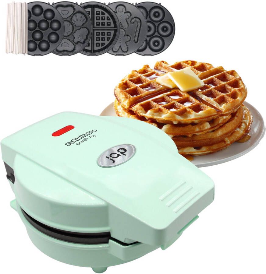 JAP Appliances Dough Joy Wafelijzer 1 Wafelmaker 7 Donut 12 Cake Pop maker Anti aanbaklaag indicatielampje Wafels van 16x16 cm Inclusief 50 stokjes Groen