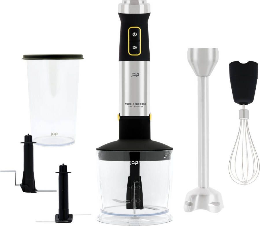 JAP Appliances 5in1 Staafmixer set ForceBlend F2 (1500W) Inclusief hakmolen maatbeker ice crusher garde en klopper Voor soep vlees smoothies en baby hapjes Zwart RVS