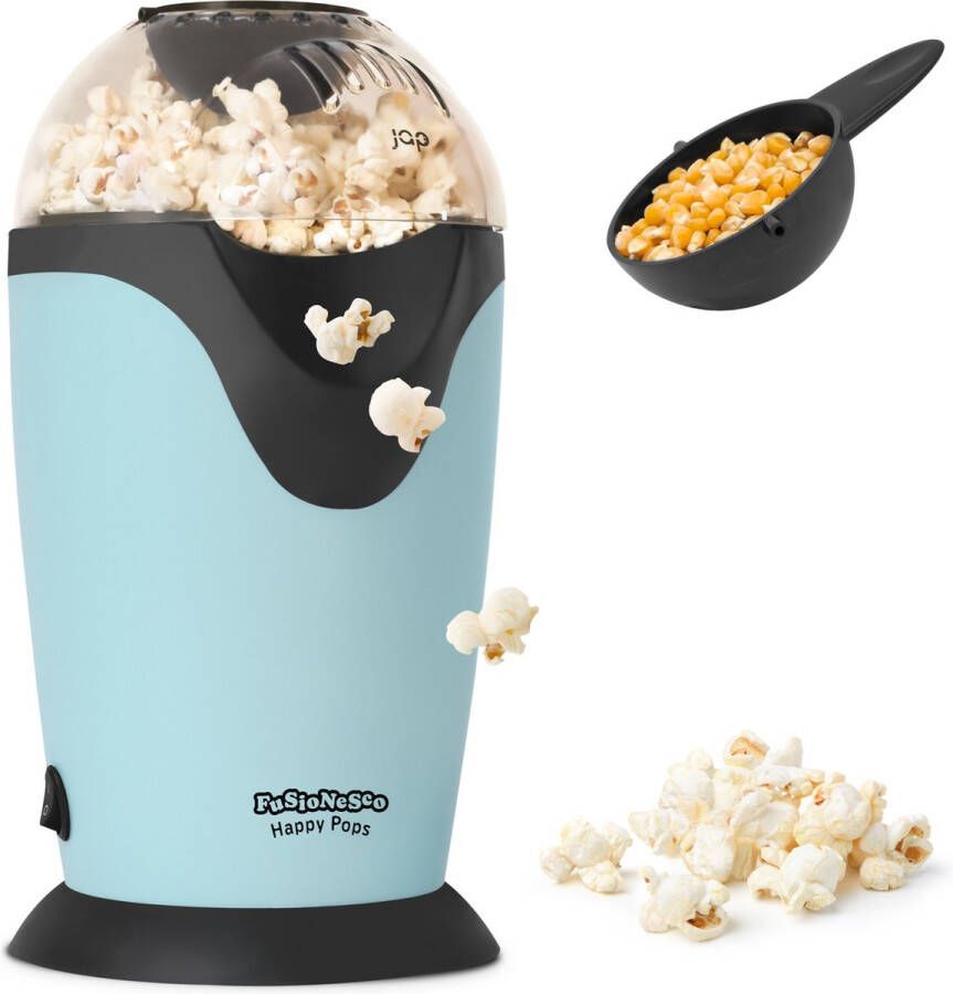 JAP Appliances Happy Pops Retro popcorn machine (2-3 personen) 1200W Inclusief maat- en botersmeltlepel Klaar binnen 3 minuten Zonder olie Blauw