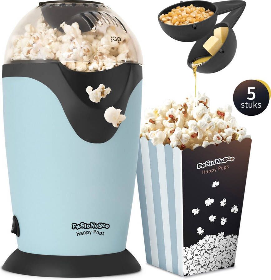 JAP Appliances Happy Pops Retro popcorn machine (2-3 personen) 1200W Inclusief maat- en botersmeltlepel Klaar binnen 3 minuten Zonder olie Blauw