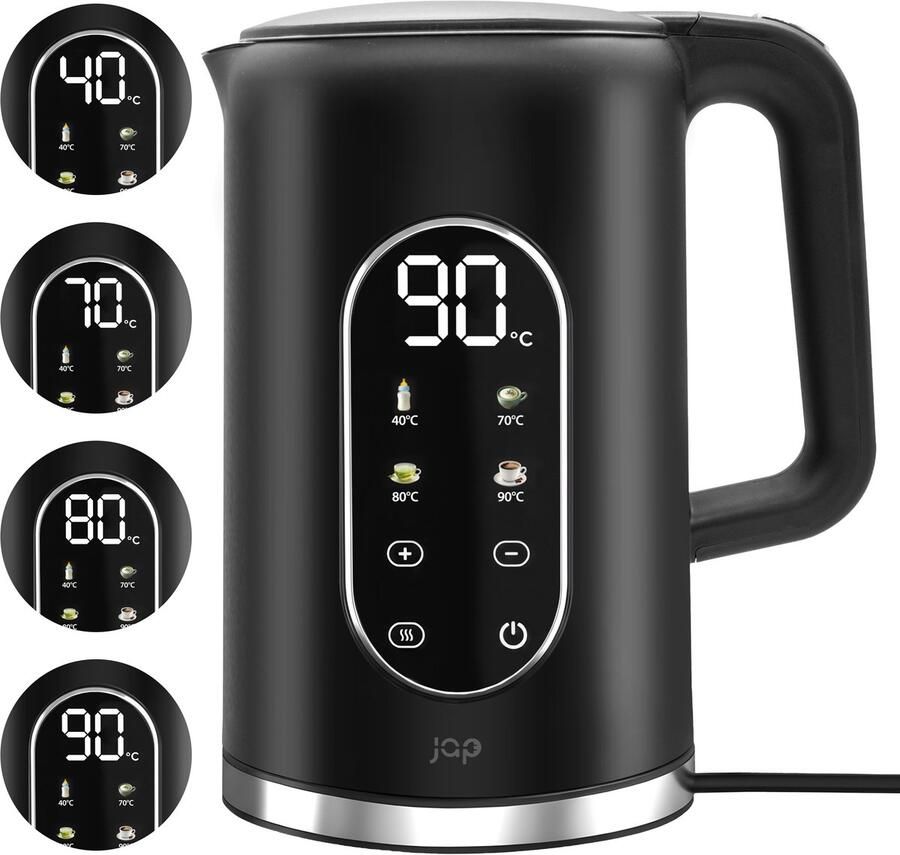 JAP Appliances Aquanova Waterkoker (1.7 liter) met temperatuurregeling Warmhoudfunctie 40°C voor babyvoeding Zwart