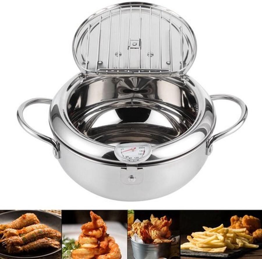 Japanse Frituurpan Friteuse Roestvrijstalen Frituurpan Tempura Frituurpan met Thermometer Inductiekookplaat Compatibel voor Frituren en Koken (formaat 20cm)