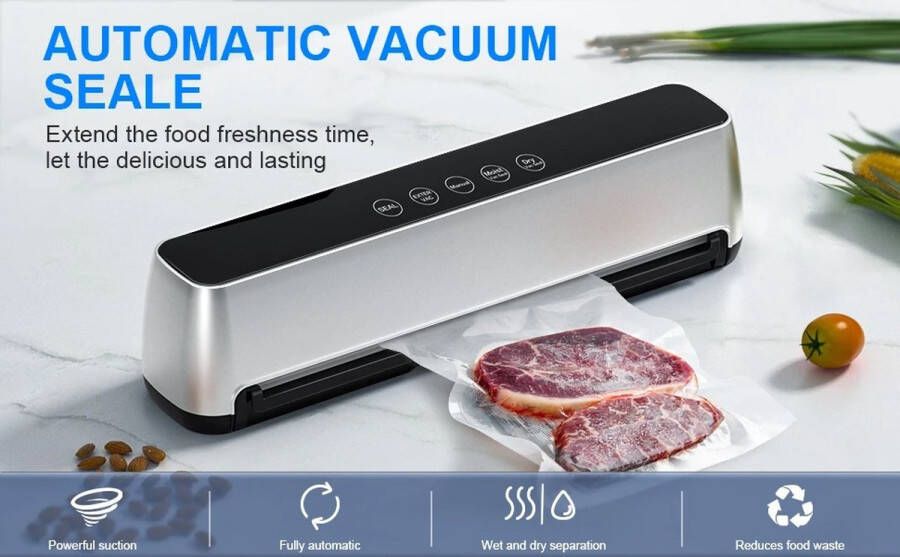 Jeghi Vacumeermachine AP10 Sealer Foodsaver Verpakkingsmachine Automatisch 300mm 39.2x8.8x9.5cm 5 modi LED Touch panel 125W incl. 15 Vacuumzakken