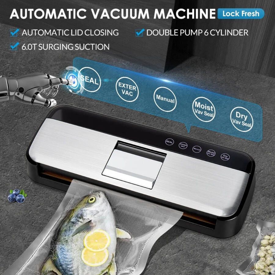 Jeghi Vacumeermachine AP18 Sealer Foodsaver Verpakkingsmachine Automatisch 300mm 38x15x5.8cm 5 modi LED Touch panel 125W incl. 15 Vacuumzakken