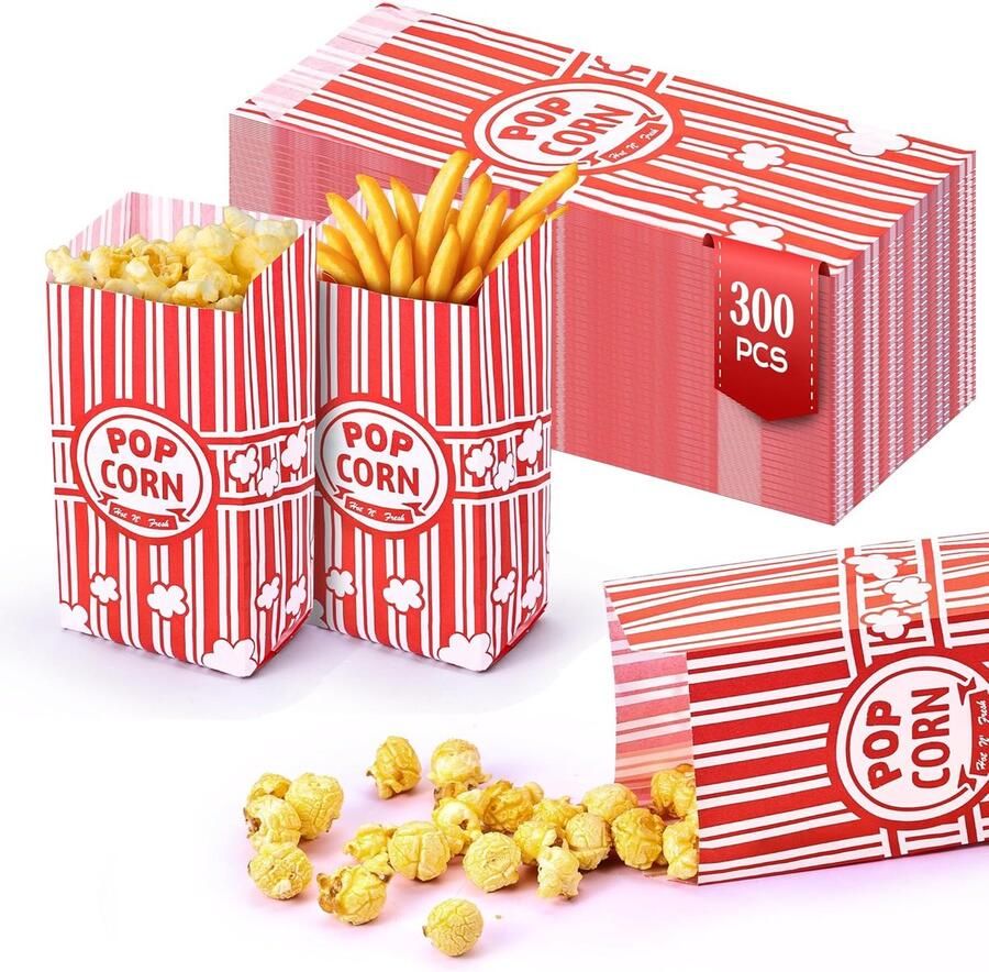 JeiibrZui Popcorn Tüten 300 Stuk Rood Wit Gestreept Vetwerend Papier 9x21 Cm Ideaal Voor Kinderfeestjes Bioscoopavond Picknick