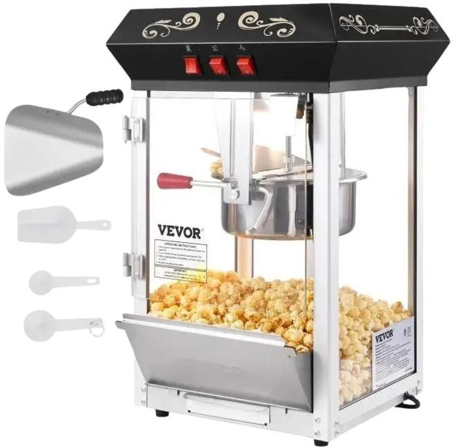 Donemore popcornmachine 8 oz aanrecht popcornmaker warmhoudfunctie gehard glas zwart 44 x 34 x 61 cm 11 23 kg