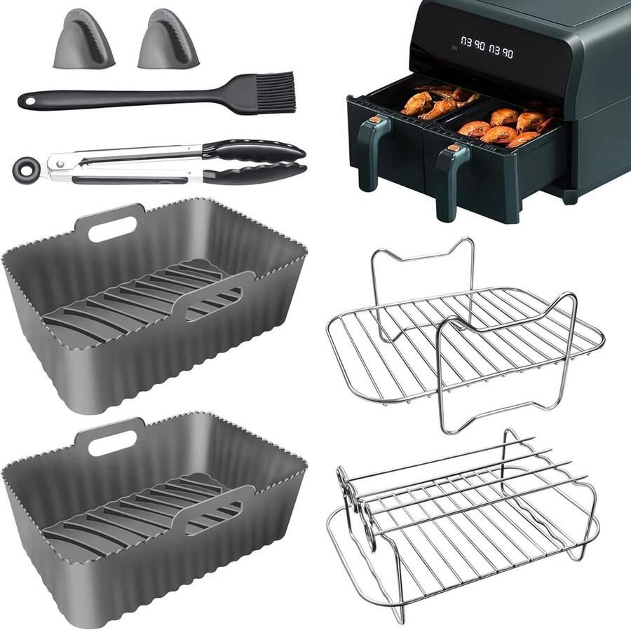 JGS Premium Accessoires heteluchtfriteuse Ninja Foodi AF300EU AF400EU 7.6L-9.5L Siliconen voering Dual Zone Air Fryer BPA-vrij grijs
